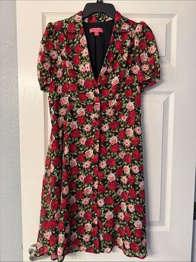 Betsey Johnson Black Midi Dress with Red & Pink Rose Print